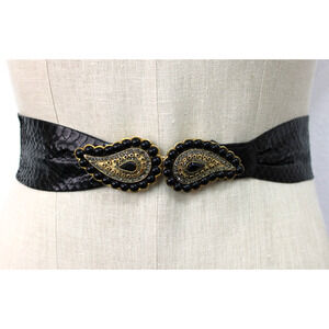 Vintage 80s Morris Moskowitz Black Snake Skin Wide Leather Belt & Buckle M